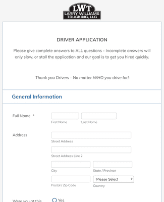Form Templates: LWT Truck Driver Application