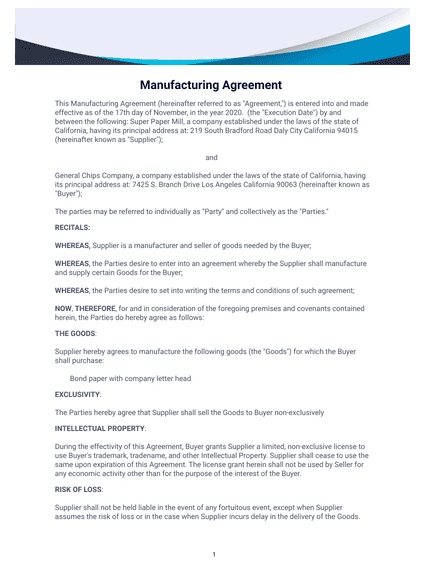 Manufacturing Agreement 