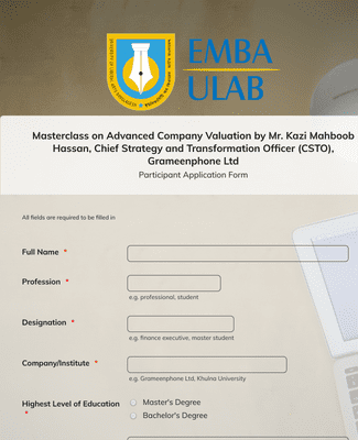 Form Templates: Masterclass on Advanced Company Valuation by ULAB EMBA