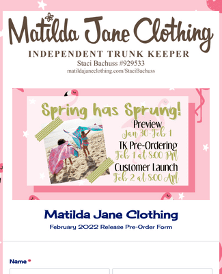 Matilda Jane February 2022 Pre Order Form Template | Jotform