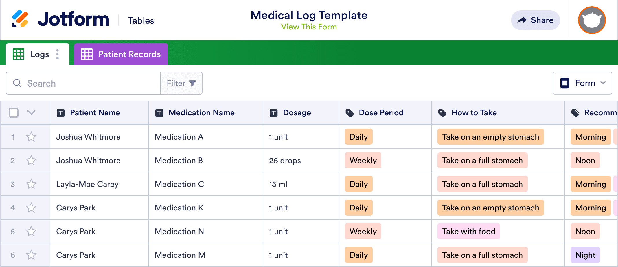 Medical File Log Medical Log Template | Jotform Tables