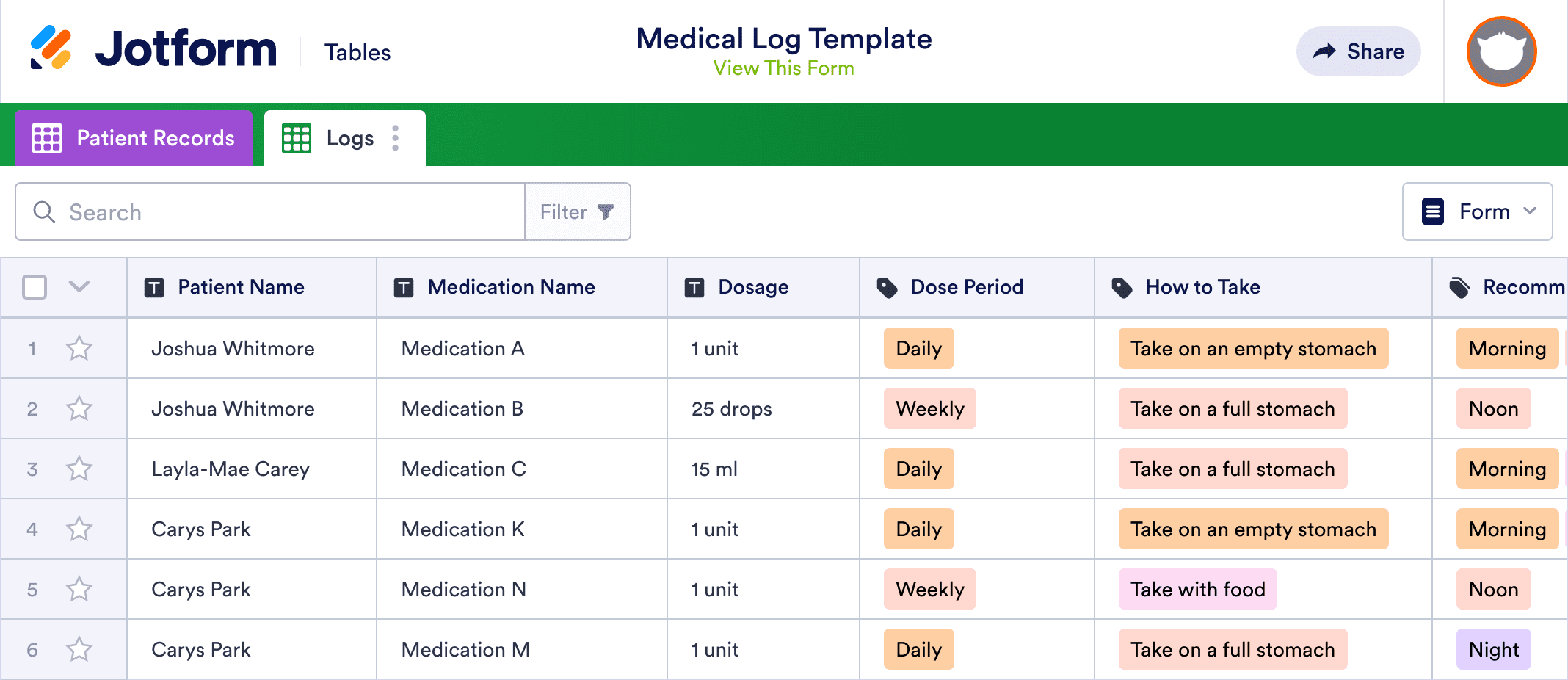 Medical Log Template | Jotform Tables