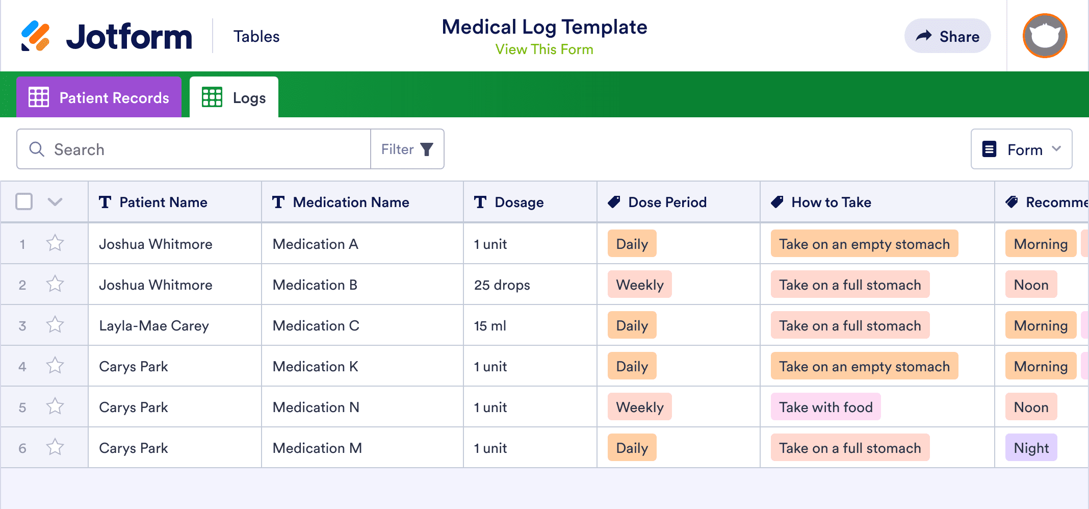 Medical Log Template | Jotform Tables