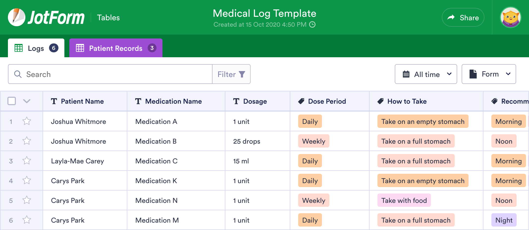 Medical Log Template JotForm Tables