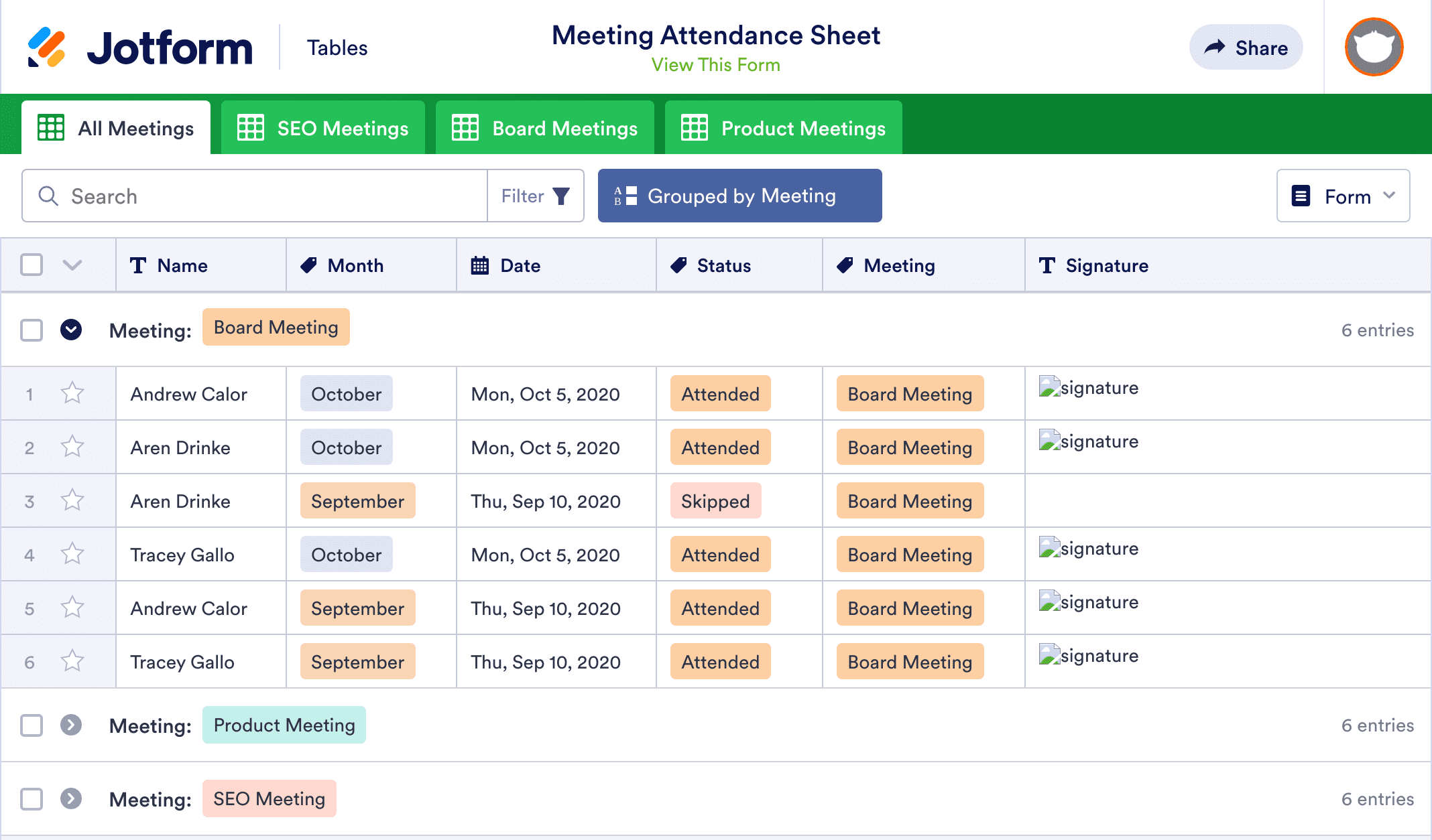 Meeting Attendance Sheet