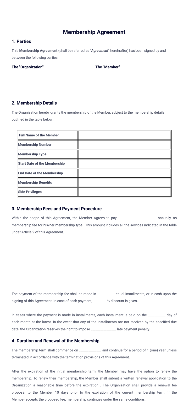 Membership Agreement Sign Templates Jotform