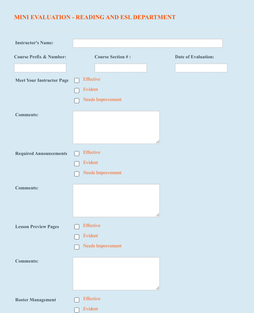 Mini Evaluation Form for Instructors Form Template | Jotform