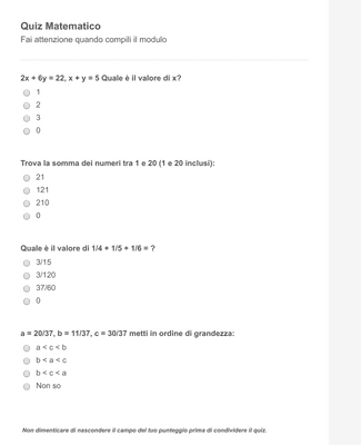 Form Templates: Mini Quiz di Matematica