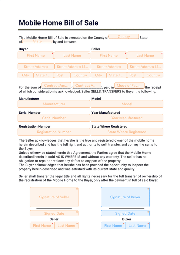 Mobile Home Bill of Sale Sign Templates Jotform