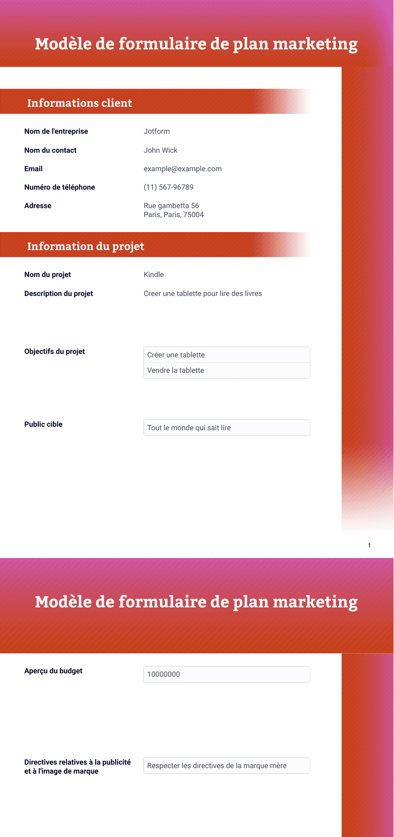 Modèle de formulaire de plan marketing