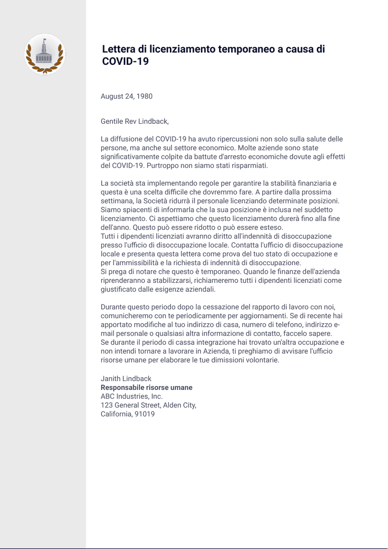 Lettera accettazione dimissioni dipendente