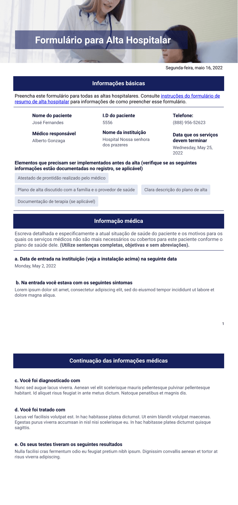 Modelo de alta hospitalar - Modelos para PDFs | Jotform