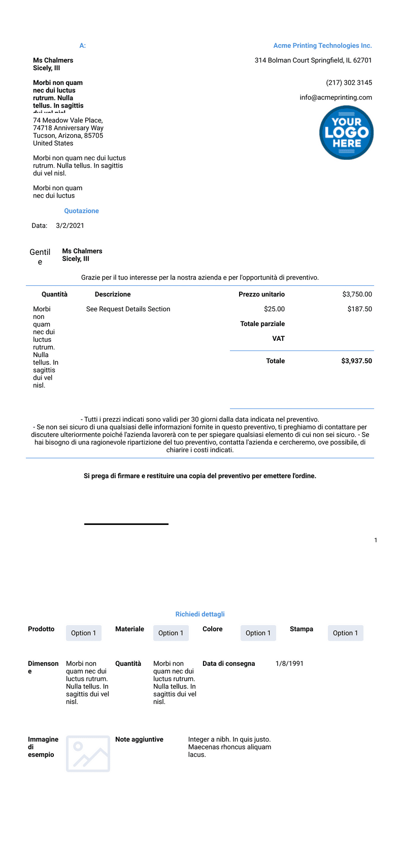 Modulo di preventivo per stampa - Template PDF | Jotform