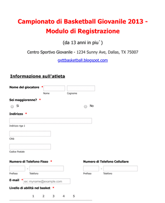 Form Templates: Modulo di registrazione al Campionato di Basketball