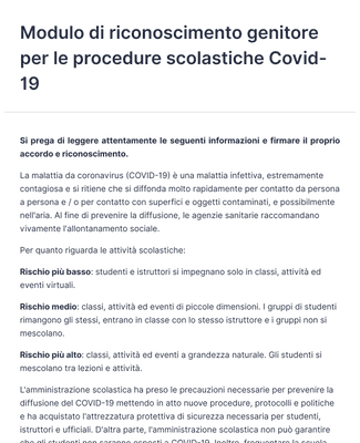 Modulo di riconoscimento genitore per le procedure scolastiche Covid-19