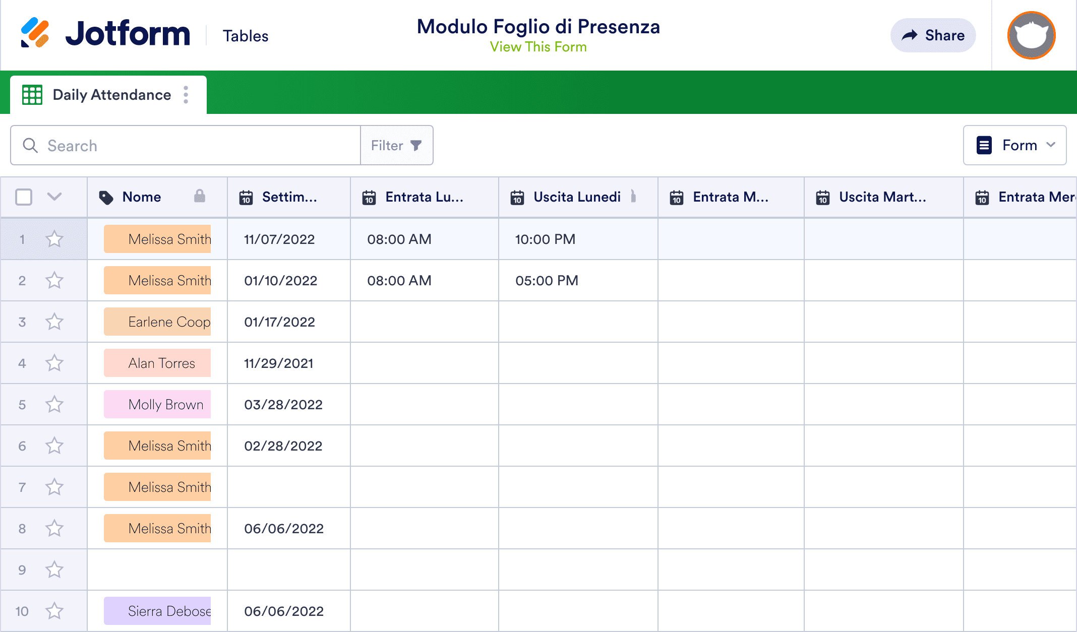 Modulo Foglio di Presenza Template | Jotform Tables