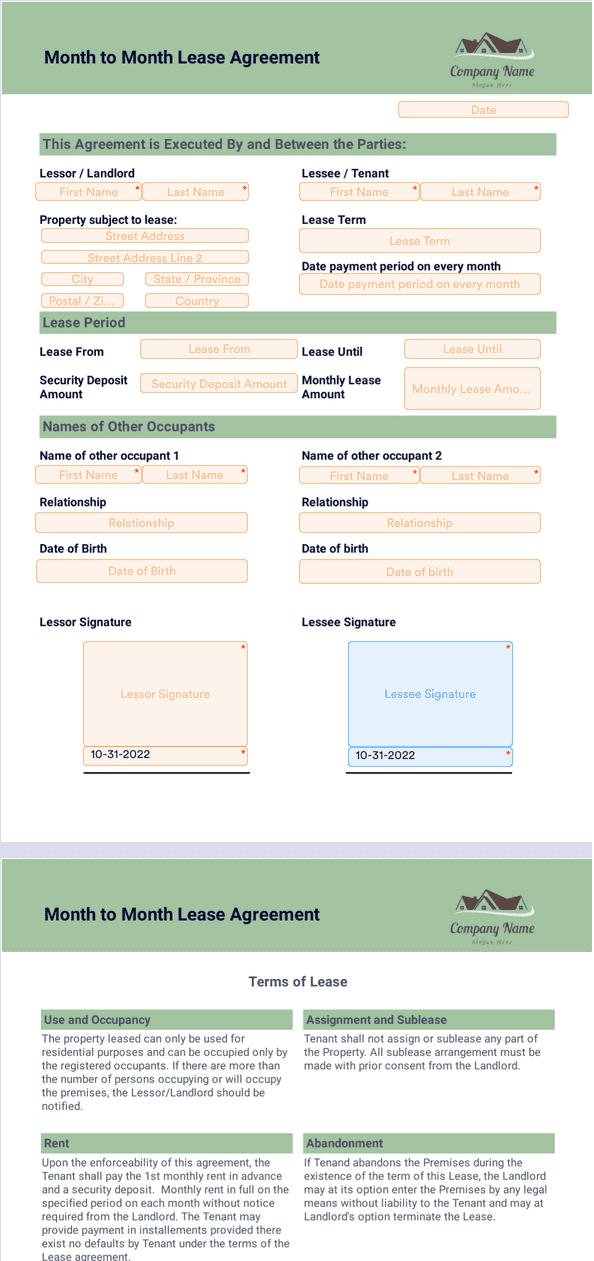 Sign Templates: Month to Month Rental Agreement Template