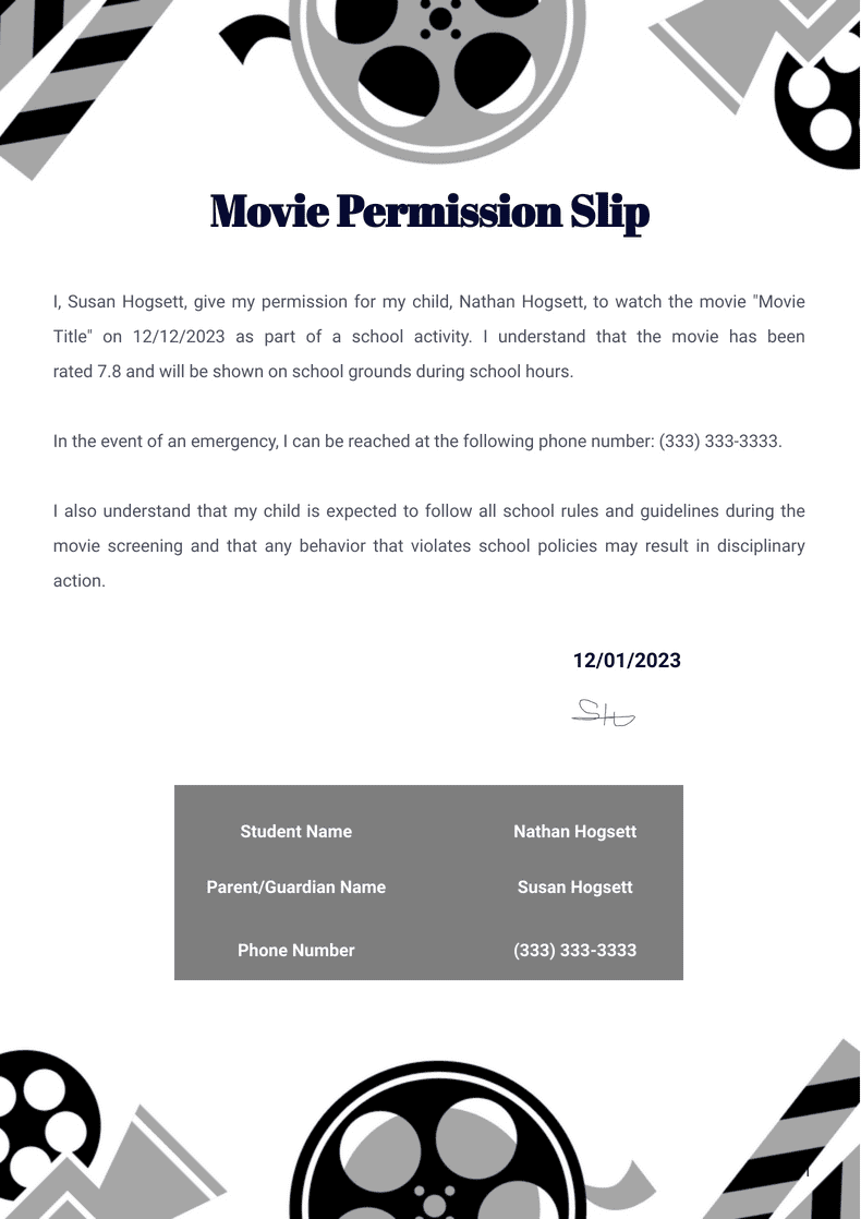 Movie Permission Slip Template