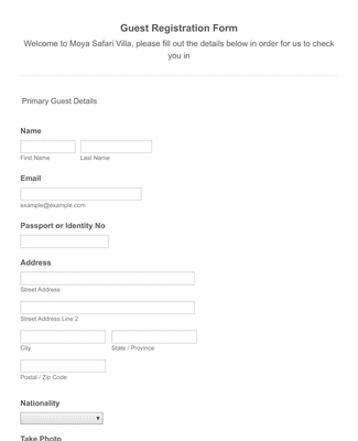 Form Templates: Moya Guest Registration Form