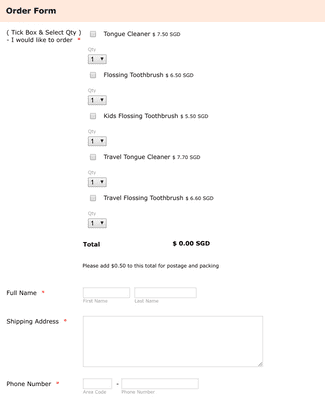Product Order Form with Multiple Products