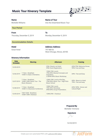 Music Tour Itinerary Template