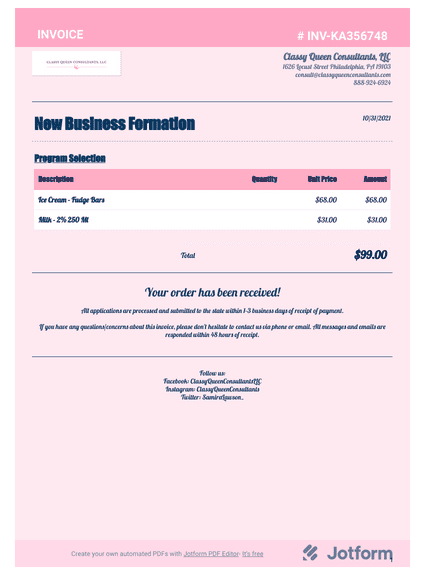 New Business Formation Invoice