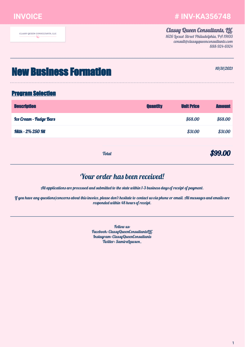 New Business Formation Invoice