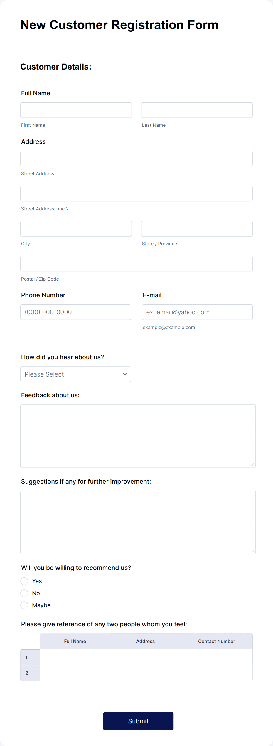 Template new-customer-registration-form