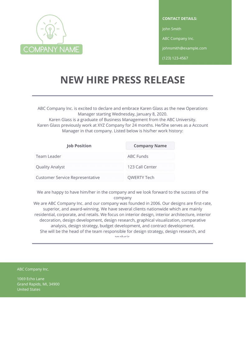 New Hire Press Release Template