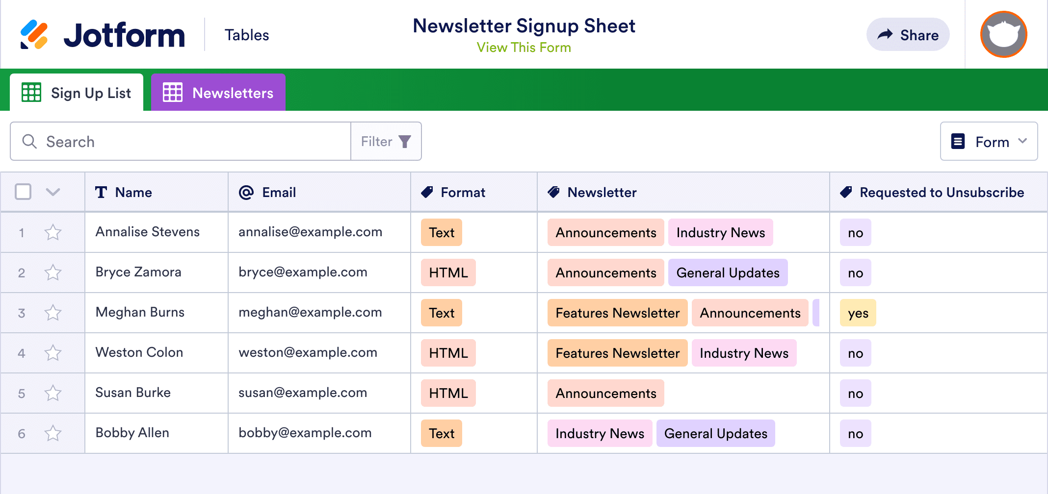 Newsletter Signup Sheet Template | Jotform Tables