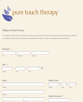 Form Templates: Nöromusküler Masaj Terapisi Müşteri Kayıt Formu