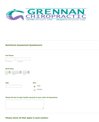 Nutritional Assessment Questionnaire Form