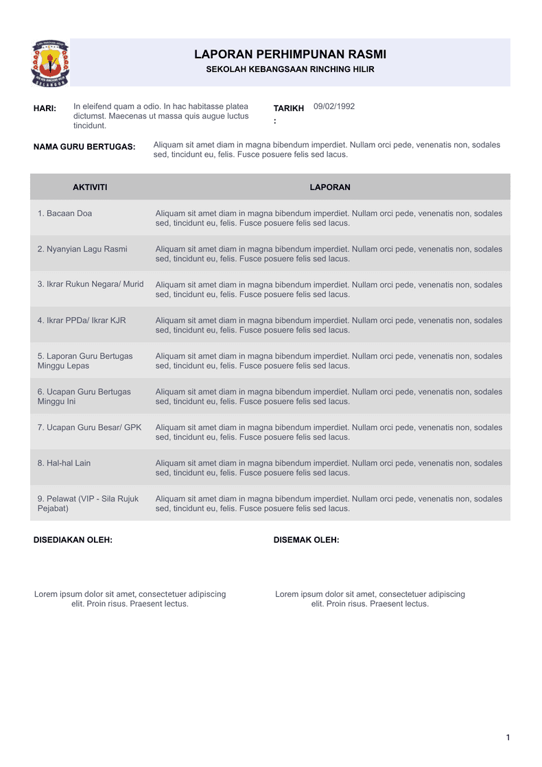 Official School Assembly Report Modelos para PDFs Jotform