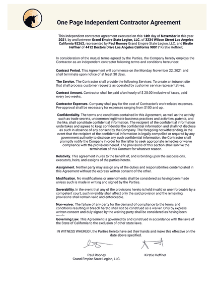 One Page Independent Contractor Agreement