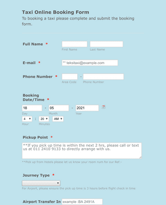 Form Templates: Taxi Online Booking