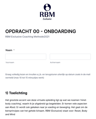 Form Templates: OPDRACHT 00 ONBOARDING RBM Exclusive Coaching Methode2021