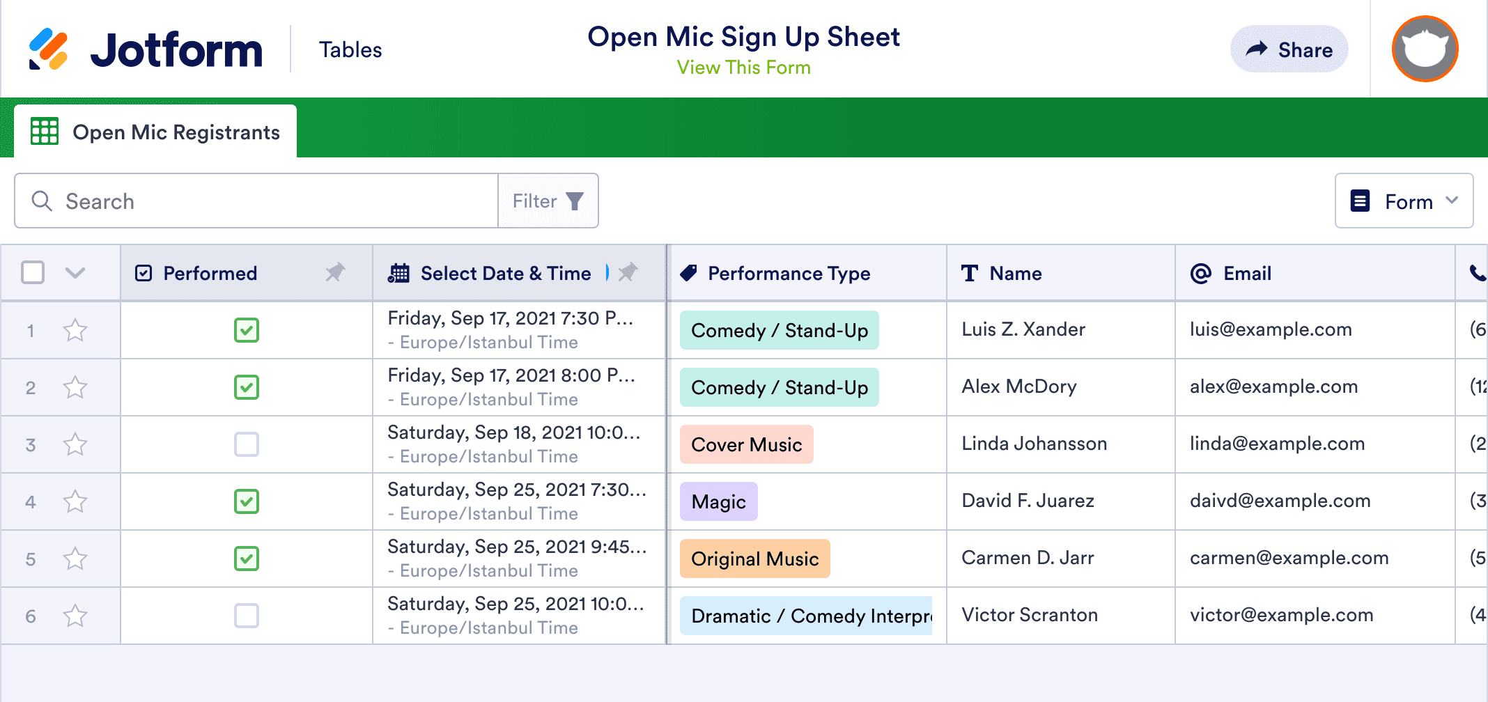 Open Mic Sign Up Sheet Template Jotform Tables