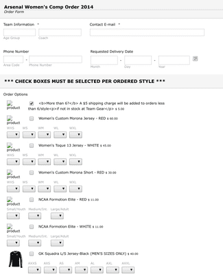 Order Form with images, sizes and quantity options