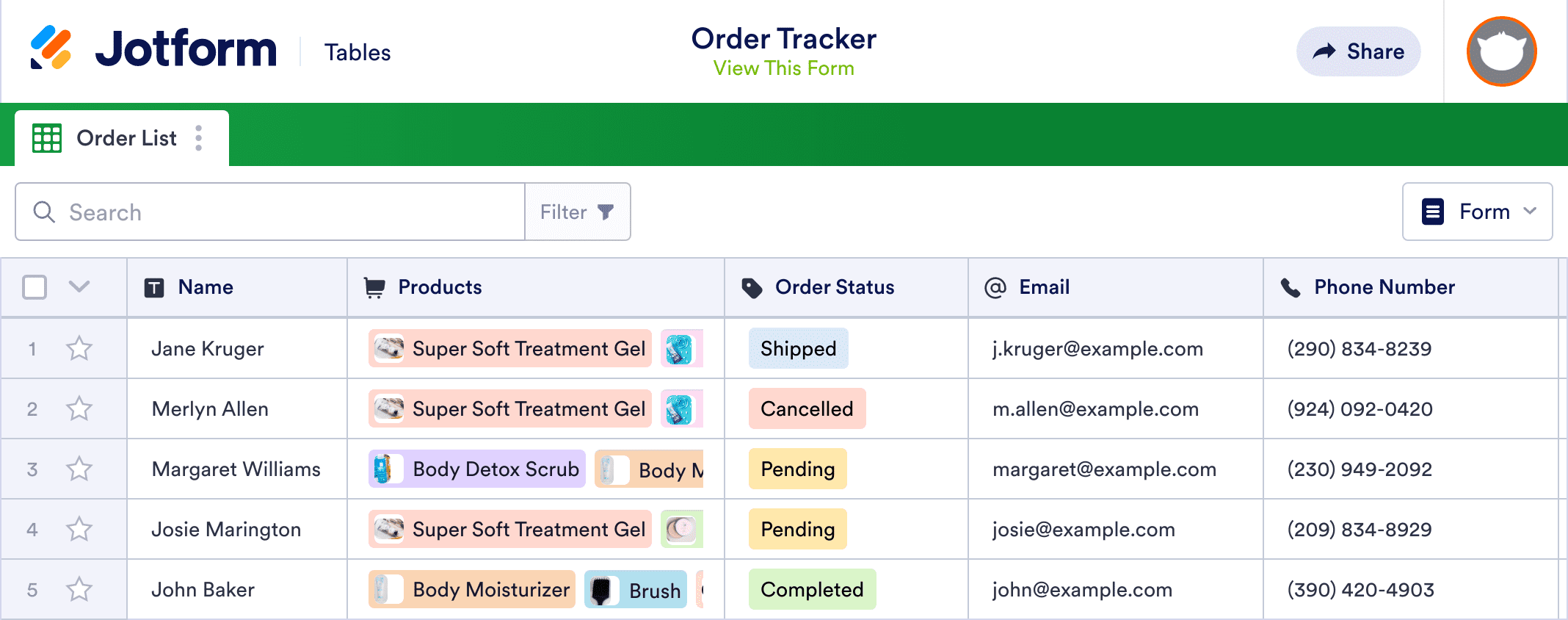 Order Tracker Template Jotform Tables