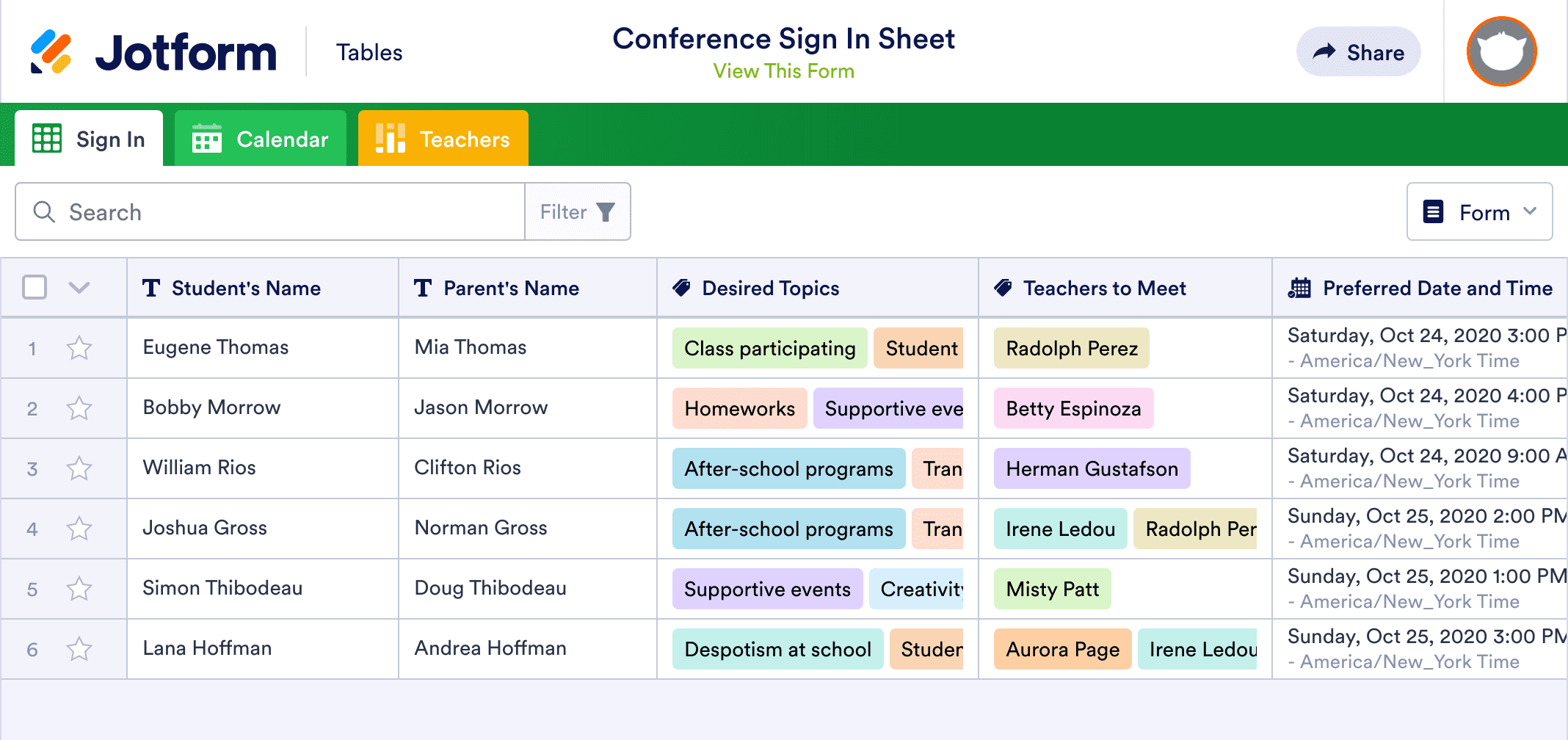 Parent Teacher Conference Sign In Sheet Template Jotform Tables