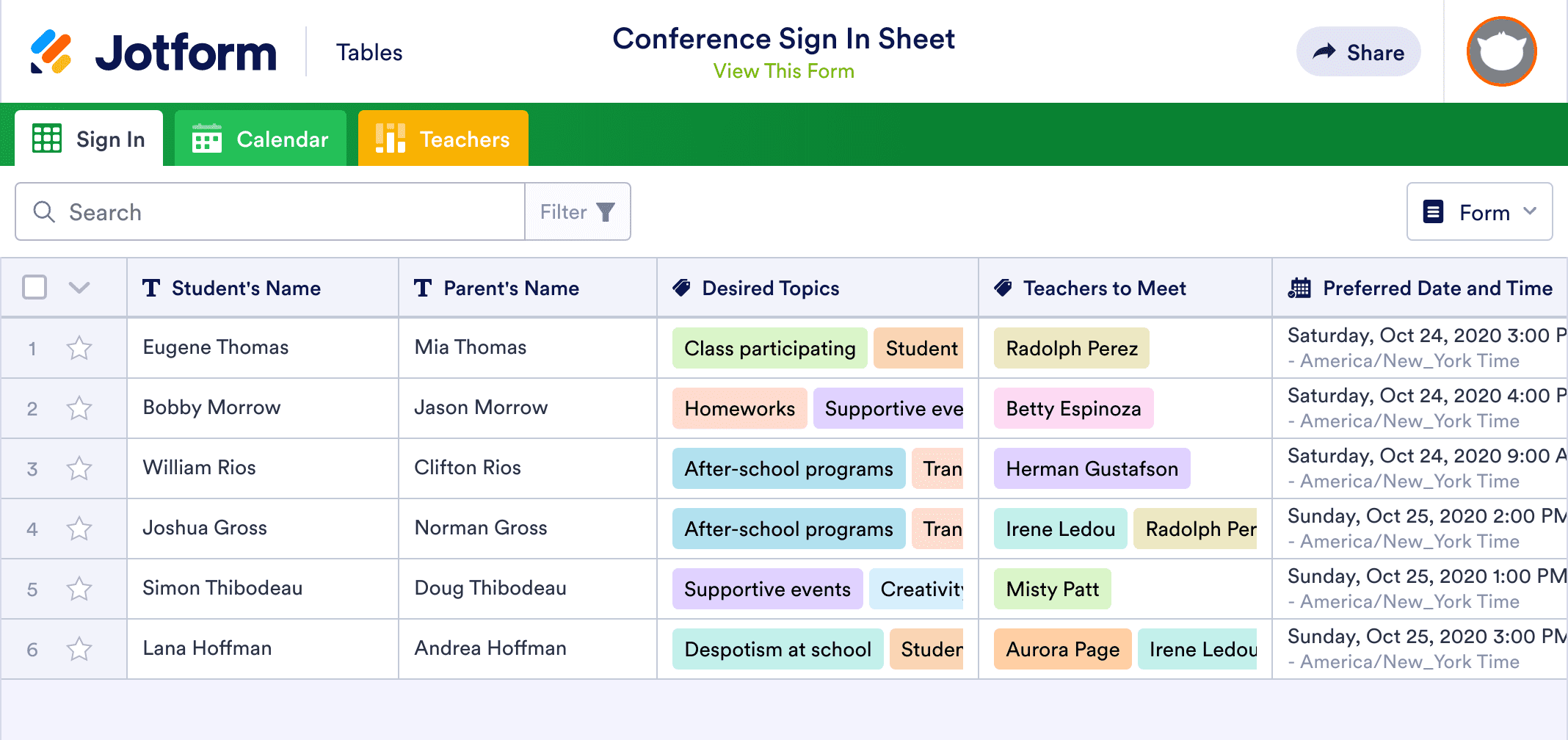 Parent Teacher Conference Sign In Sheet