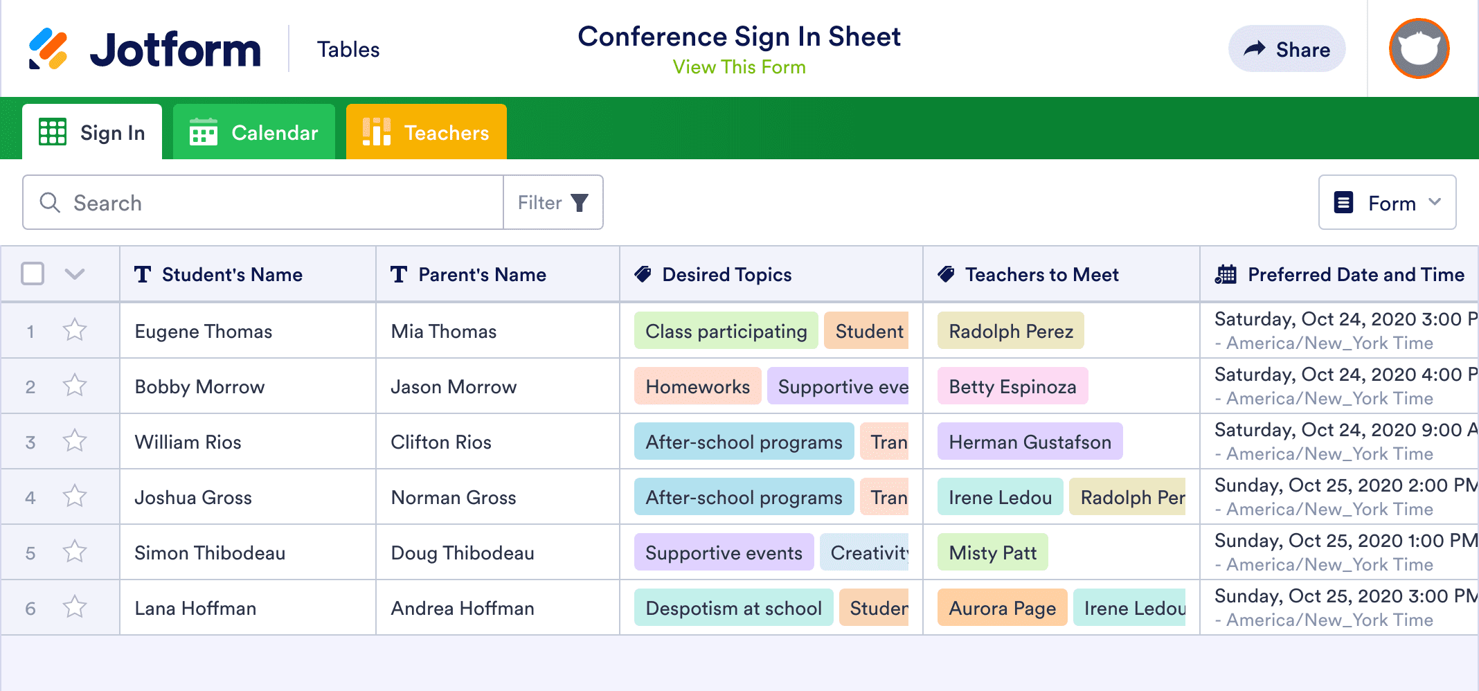 Parent Teacher Conference Sign In Sheet