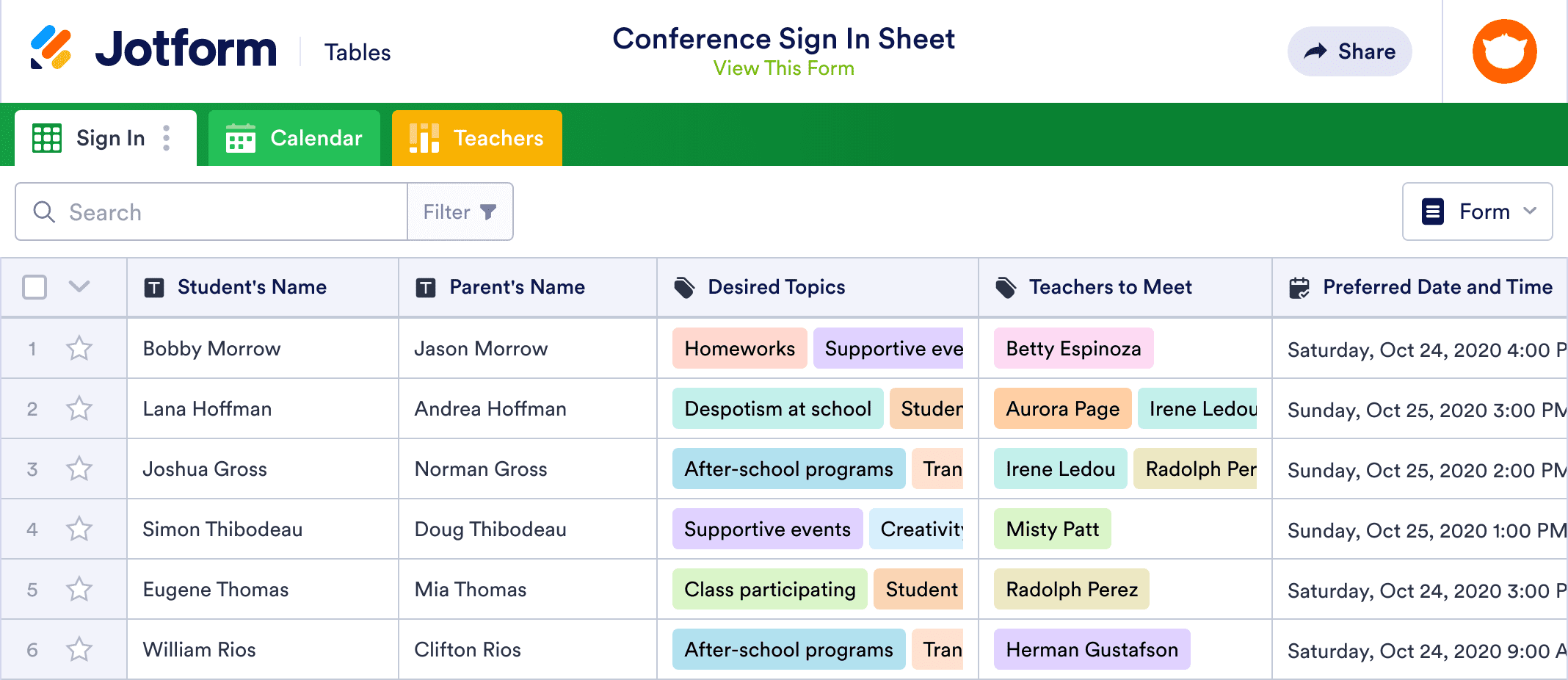 Parent Teacher Conference Sign In Sheet Template | Jotform Tables