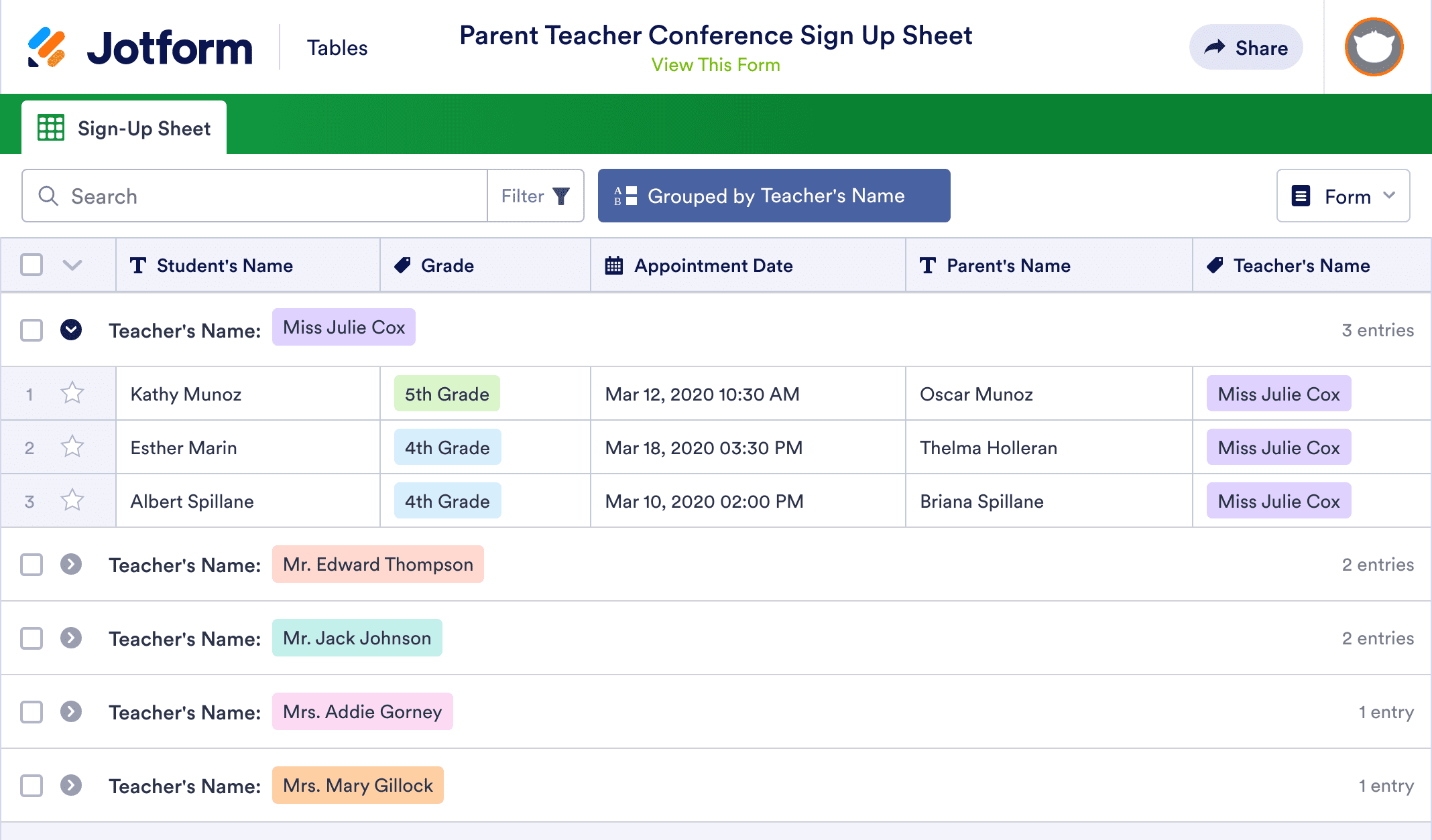 Parent Teacher Conference Sign Up Sheet Template | Jotform Tables