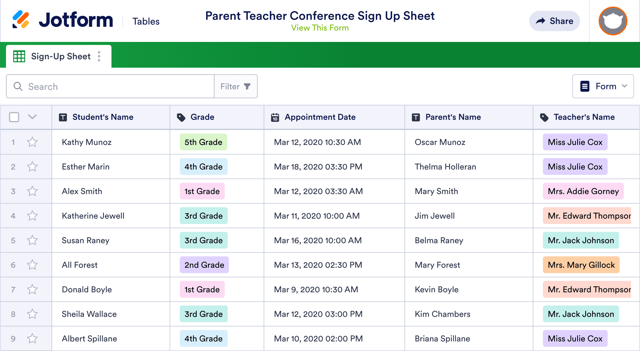Parent Teacher Conference Sign Up Sheet Template Jotform Tables