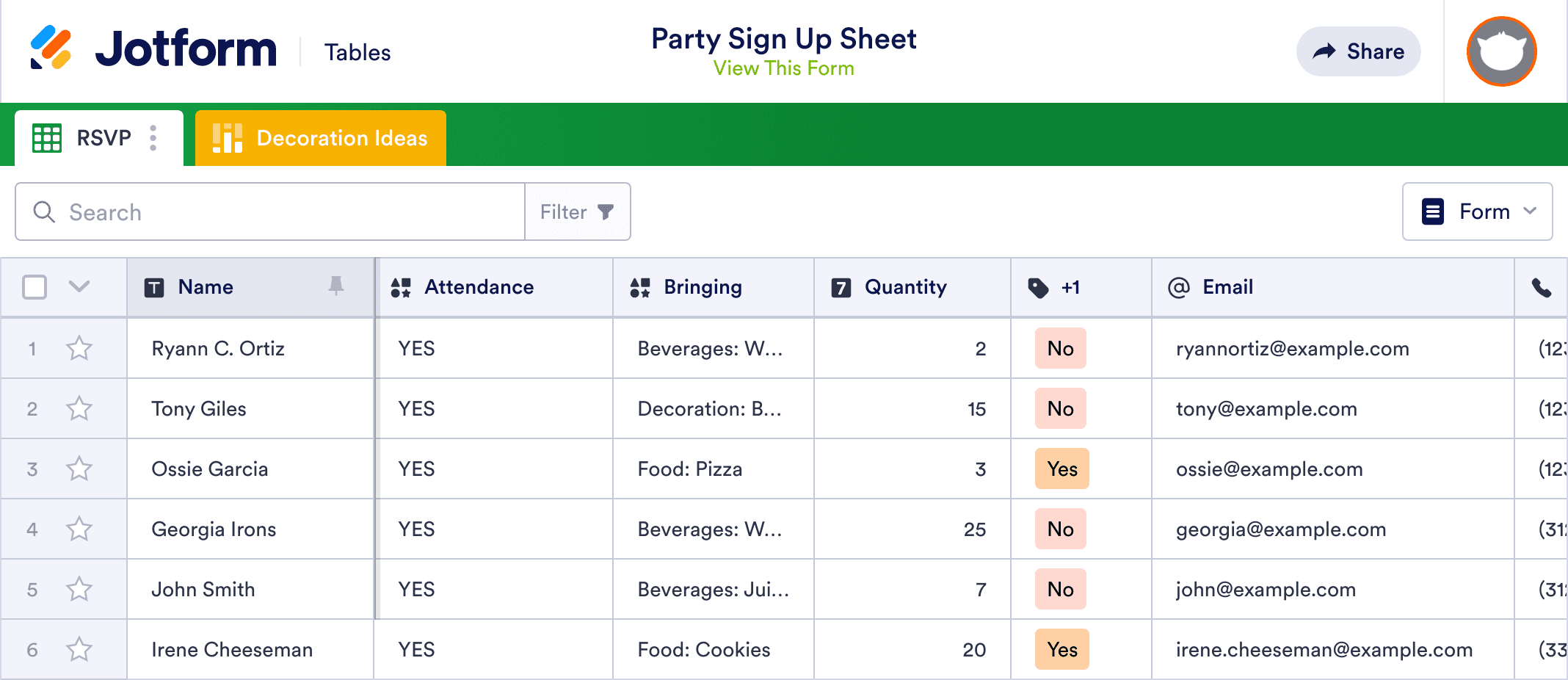 Party Sign Up Sheet