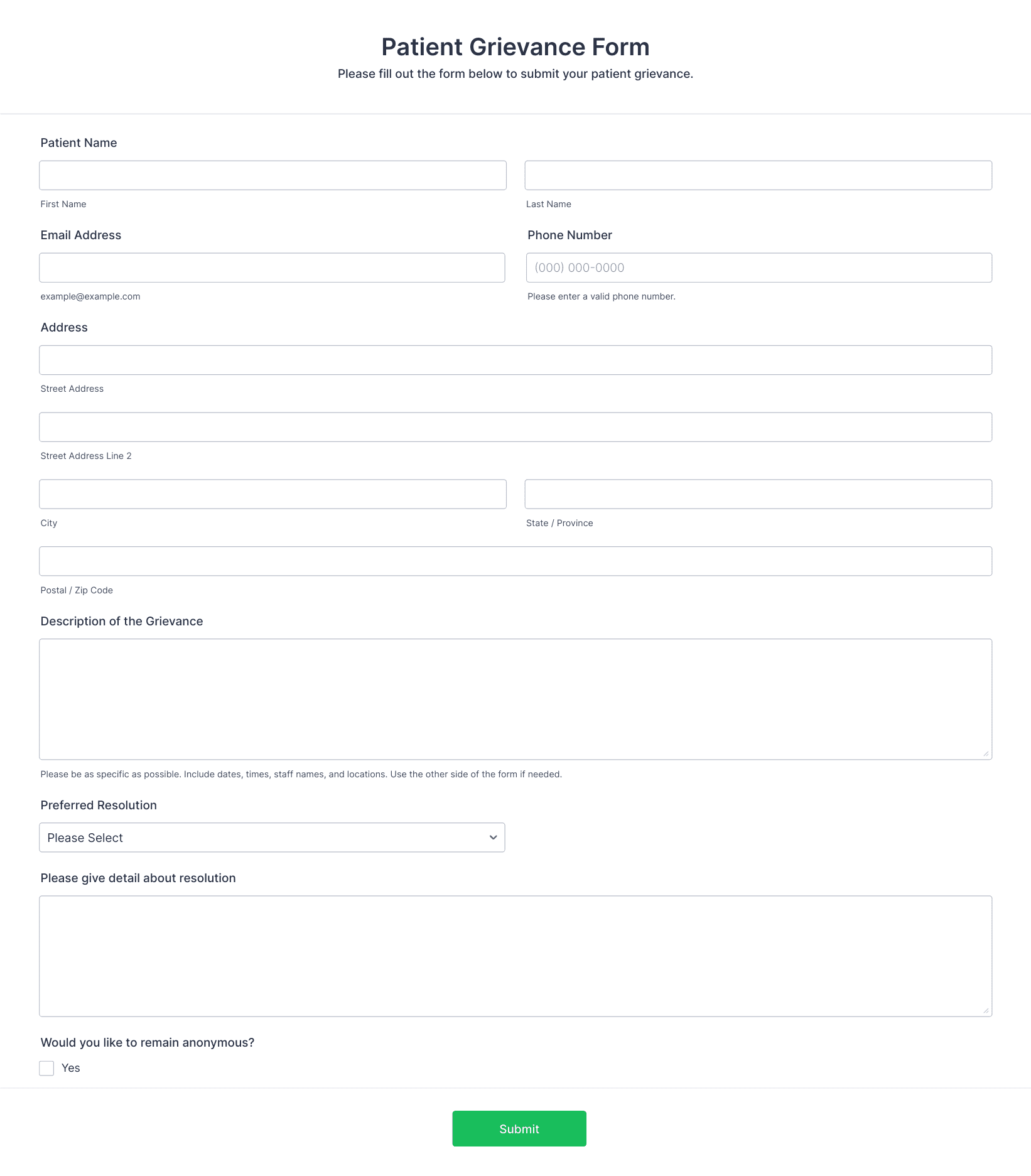 Template patient-grievance-form