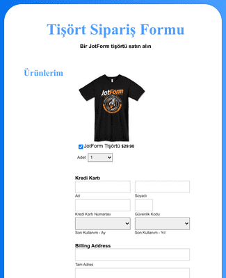 Form Templates: PayJunction Tişört Sipariş Formu