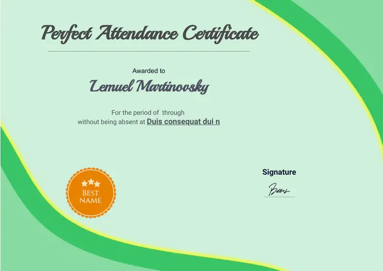 Perfect Attendance Award Certificate