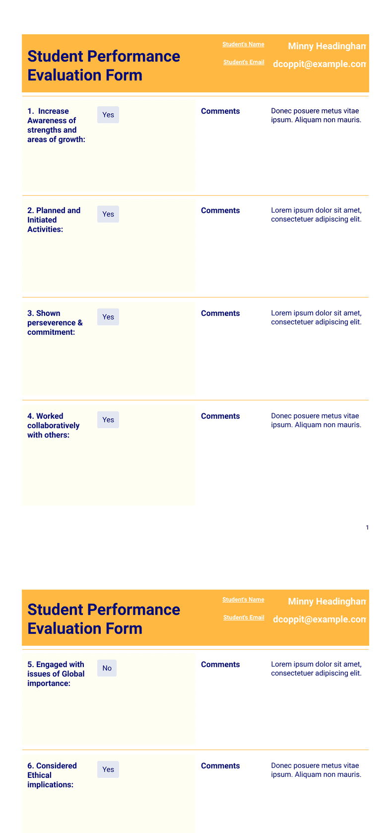 Student Performance Evaluation Form